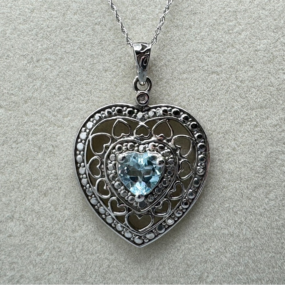 10K WG/925 Filigree Blue Topaz Heart Pendant Necklace - Picture 5 of 16